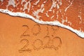 Happy New Year 2020 concept, lettering on the beach. Sea sunrise Royalty Free Stock Photo