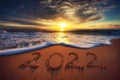 Happy New Year 2022 concept, lettering on the beach. Sea sunrise Royalty Free Stock Photo