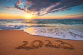 Happy New Year 2023 concept, lettering on the beach. Written text on the sea beach at sunrise