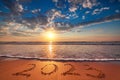 Happy New Year 2023 text on the beach sand, sea sunrise or ocean sunset