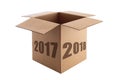 Happy New Year 2018 concept, lettering on the Open Cardboard box