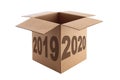 Happy New Year 2020 concept, lettering on the Open Cardboard box isolated on a white with clipping path