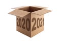 Happy New Year 2021 concept, lettering on the Open Cardboard box isolated on a white with clipping path