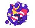 Happy New Year concept with A man riding on a firework rocket to celebrate new year`s eve. Vector illustration