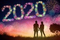 new year 2020 concepts. young couple watching fireworks  on hill Royalty Free Stock Photo