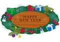 Happy new year congratulating wooden signboard decorated with party items vector illustration