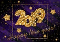 2019 happy New year, congratulation of gold sequins on dark violet background Royalty Free Stock Photo