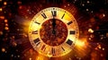 Happy New Year countdown. Clock and fireworks, lights and bokeh effect. Golden clock on dark festive background with