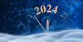 Happy new year 2024 countdown clock on horizontal abstract blue banner with snowflakes and blizzard