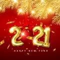 Happy New Year 2021 cover. Christmas gold spruce branches. Golden helium balloon numbers 2021 and xmas ball with red bow and Royalty Free Stock Photo