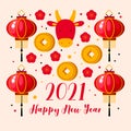 Happy New year. 2021. Cow and cherry blossom, lantern, money. Flowers. Chinese, Japanese design. Cow, bull, ox. Chinese New year