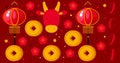 Happy New year. 2021. Cow and cherry blossom, lantern, money. Flowers. Chinese, Japanese design. Cow, bull, ox. Chinese New year