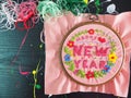 Happy new year craft embroidery handmade leisure hobby sewing illustration design art pattern frame flower template Royalty Free Stock Photo