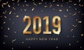 Happy New Year 2019. Creative abstract vector illustration with sparkling golden numbers on dark background Royalty Free Stock Photo