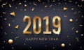 Happy New Year 2019. Creative abstract vector illustration with sparkling golden numbers on dark background Royalty Free Stock Photo