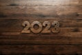 Happy new year Creative background. 2023 wooden numbers. Holiday card, magazine style, banner, website header, web poster,