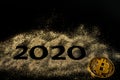 Happy New Year 2020 . Creative Collage of numbers two and zero made up the year 2020. Beautiful sparkling Golden number 2020 and Royalty Free Stock Photo