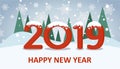 Happy new year creative postcard with red snow text 2019