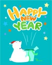 Happy new year cute card polar bear open gift box .