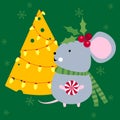 Happy New year 2020. Cute gray mouse or rat with cheese Christmas tree. 2020. Chinese New year symbol of 2020. Merry Christmas. Royalty Free Stock Photo