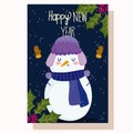 Happy new year cute snowman holly berry greeting card