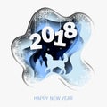 Happy New Year 2018 3d abstract paper cut illustration of dog, tree, snow in the night. Royalty Free Stock Photo