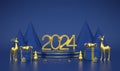 Happy New 2024 Year. 3D Golden metallic numbers 2024 on blue stage podium. Scene, round platform with gift boxes, realistic golden