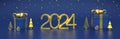 Happy New 2024 Year. 3D Golden metallic numbers 2024 with gift boxes, gold metallic cone shape pine, spruce trees, balls, confetti