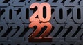 Happy New Year 2022. 3D render of bronze 2022 year on black numeric background.