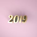 Happy new year 2019 3d rendering on marble table top with blur pastel color abstract bokeh background Royalty Free Stock Photo