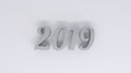 Happy new year 2019 3d rendering on marble table top with blur pastel color abstract bokeh background Royalty Free Stock Photo