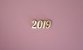 Happy new year 2019 3d rendering on marble table top with blur pastel color abstract bokeh background Royalty Free Stock Photo