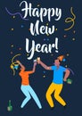 Happy new year. Dancing people. Man and woman drinking champagne, Party celebration. Boy and girl jumping and smiling