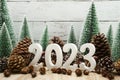 Happy New year 2023 decoration with Christmas tree and pine cones on wooden background Royalty Free Stock Photo