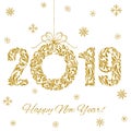 Happy New Year 2019. Decorative Font made of swirls and floral elements. Golden glitter Numbers and Christmas wreath isolated on a Royalty Free Stock Photo