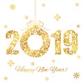 Happy New Year 2019. Decorative Font made of swirls and floral elements. Golden Numbers and Christmas wreath isolated on a white Royalty Free Stock Photo