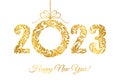 Happy New Year 2023. Decorative Font made of swirls and floral elements. Golden Numbers and Christmas wreath