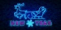 Happy New year 2019. Deer neon sign. Neon sign. Night party. Logo. Banner. merry Christmas. Cute reindeer with Christmas balls. Ch Royalty Free Stock Photo