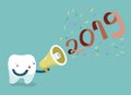 Happy new year of dental, tooth saying with megaphone