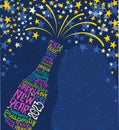 Happy New Year 2023 design. Abstract champagne bottle with inspiring handwritten words and bursting stars.