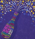 Happy New Year 2020 design. Abstract champagne bottle with inspiring handwritten words. Royalty Free Stock Photo