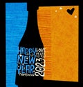 Happy New Year 2023 design. Abstract champagne bottle with inspiring handwritten words.