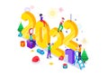 Happy New Year design concept. People celebrate the new year by changing the huge symbol number of years. Isometric Vector