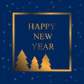 Happy New Year. Design for greeting card, invitation, banner. Golden frame with Christmas trees on the inscription inside. Royalty Free Stock Photo