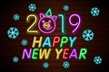 Happy New Year 2019 design template vector. Pig greeting card, Light banner, neon style. Vector illustration Royalty Free Stock Photo