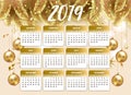 2019 Happy new year design wallpaper with calendar planner. Gold and pink color with Christmas tree celebrate background Royalty Free Stock Photo