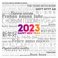 2023 Happy New Year in different languages, celebration word cloud greeting card