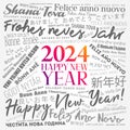 2024 Happy New Year in different languages, celebration word cloud greeting card