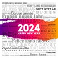 2024 Happy New Year in different languages, celebration word cloud greeting card