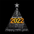 2022 Happy New Year in different languages, celebration word cloud greeting card in the shape of a christmas tree Royalty Free Stock Photo